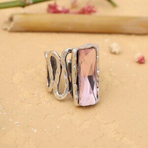 Antique Silver Plated Adjustable Ring with Baugette Crystal Stone